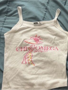 Chi Omega White Tank Top with Pink Graphic - Bid Day 2025